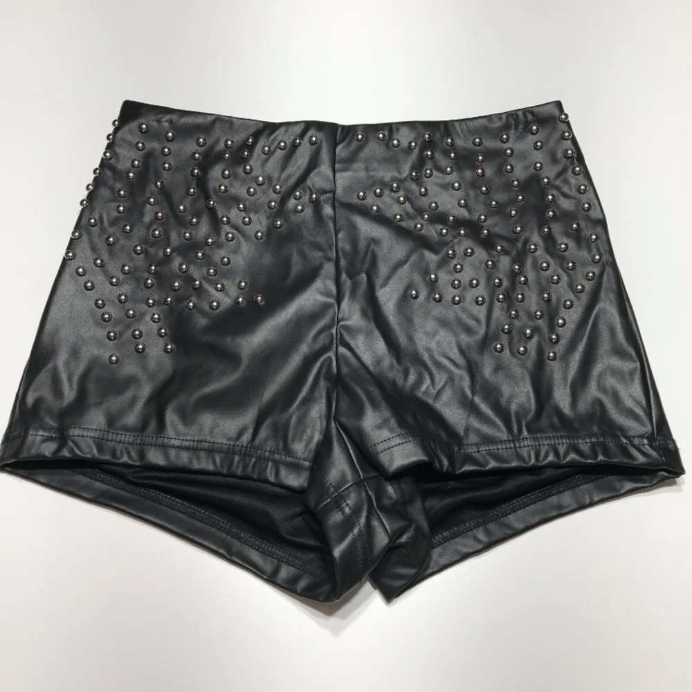 Ladies faux leather studded hot pants shorts biker rocker metal festival